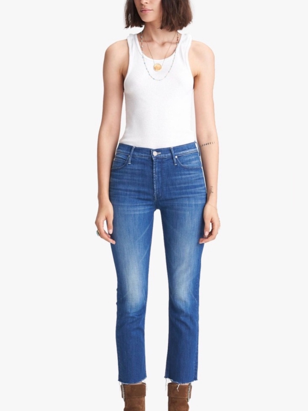 MOTHER The Mid Rise Dazzler Crop Fray Jeans Blue Slim Straight Denim Size 25